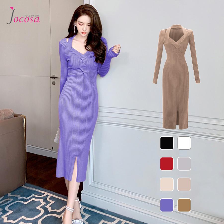 ニットワンピース フロントクロス ブラック 黒 ホワイト 白