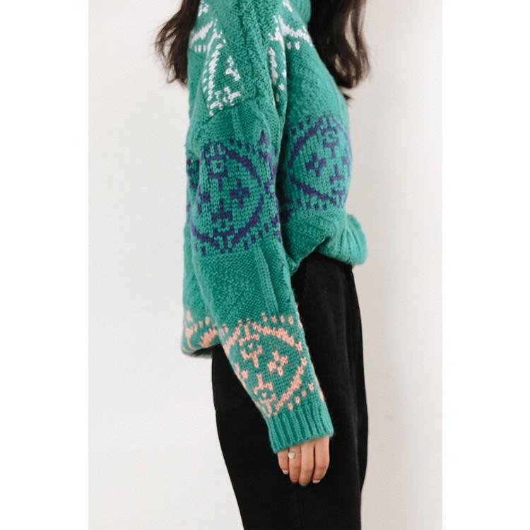 トップス ニット レディース 長袖 秋 冬 柄 デザイン グリーン 緑