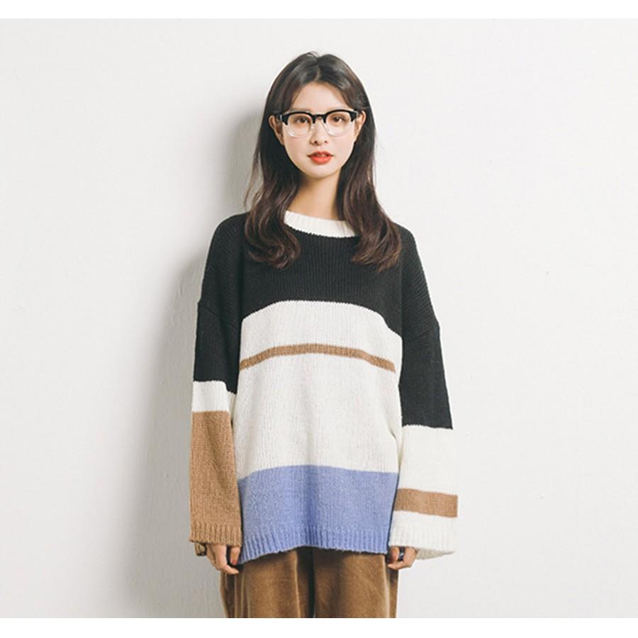ニット トップス レディース 長袖 マルチボーダー セーター