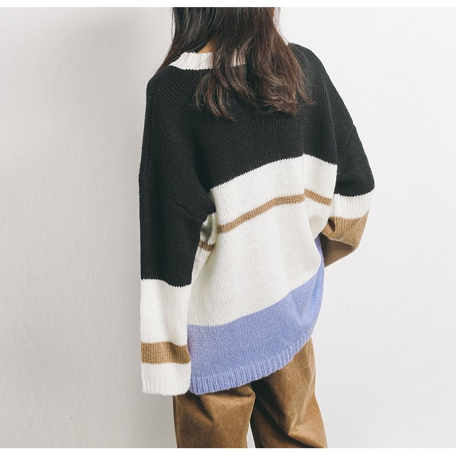 ニット トップス レディース 長袖 マルチボーダー セーター ブラック