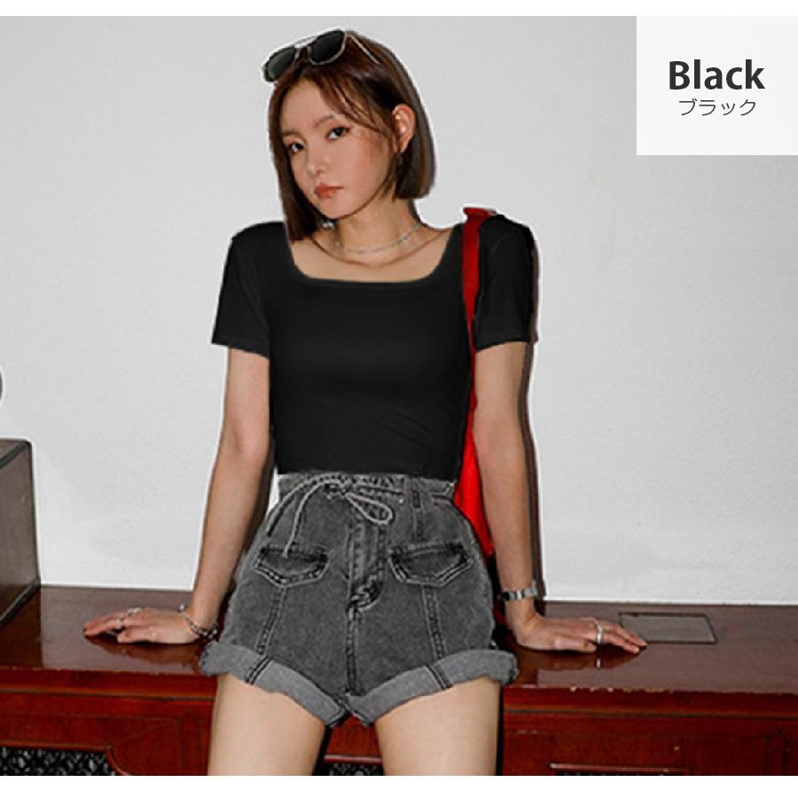 スクエアネック半袖Tシャツ レディース 春夏秋冬 新作 トップス