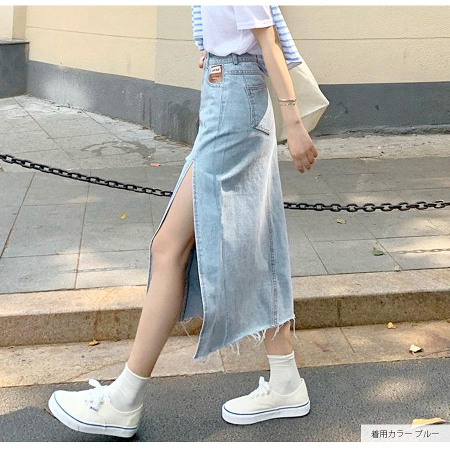 デニムスカート ロング丈 スリット タイトスカート カットオフ ポケット カジュアル シンプル 無地 タグ ブラック 黒 ブルー 青 S M L JOCOSA 9100 |  | 06
