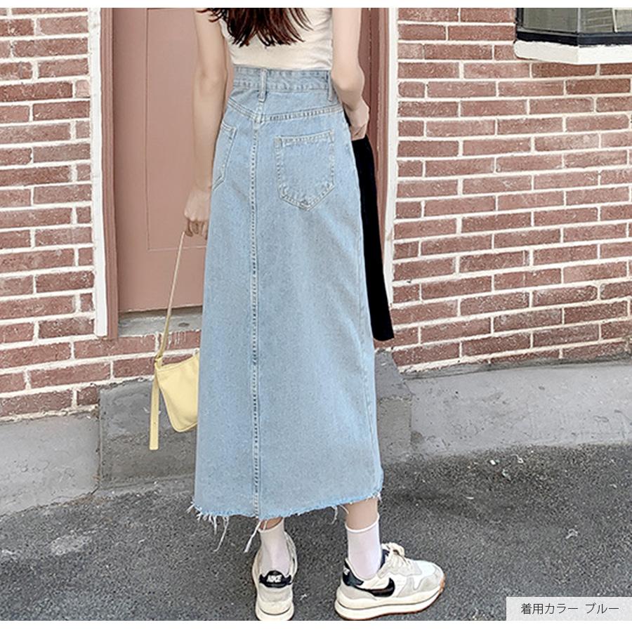 デニムスカート ロング丈 スリット タイトスカート カットオフ ポケット カジュアル シンプル 無地 タグ ブラック 黒 ブルー 青 S M L JOCOSA 9100 |  | 07