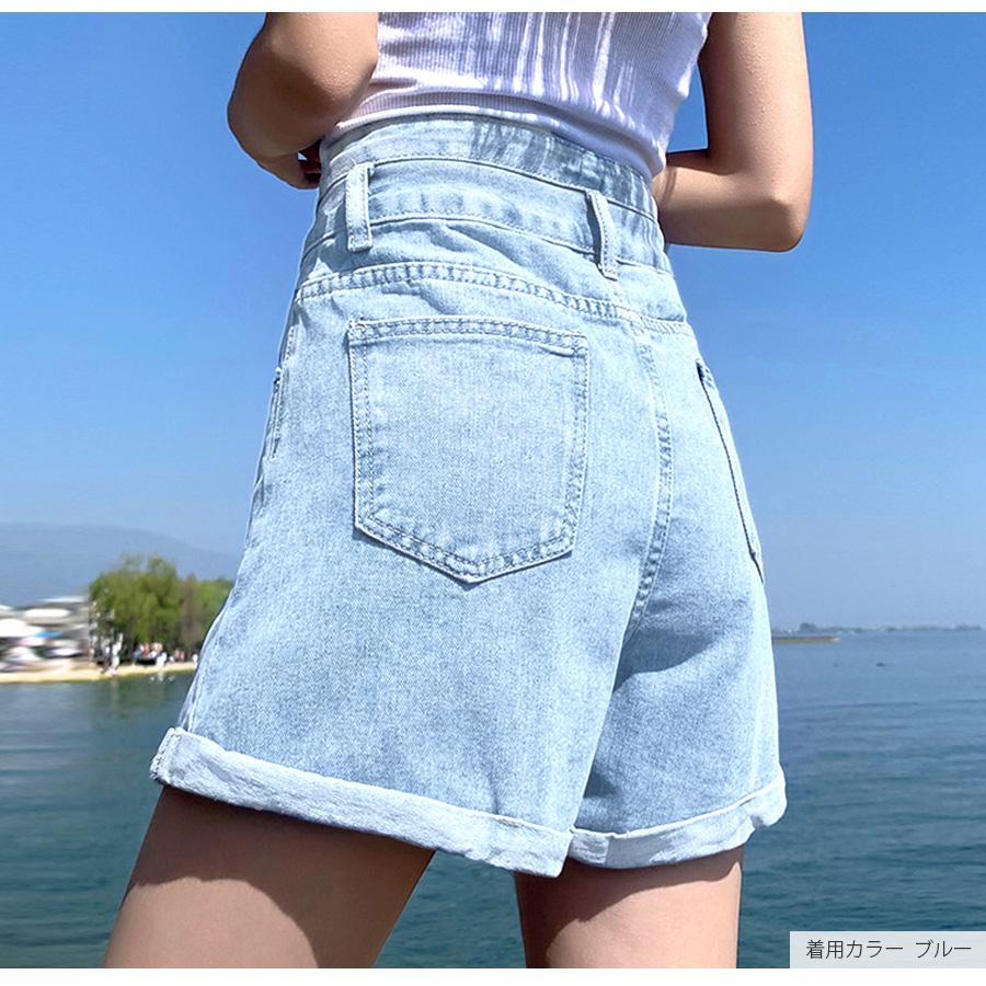 ショートパンツ デニム ハイウエスト ダブルボタン ロールアップ ポケット カジュアル ブラック 黒 ホワイト 白 ダークグレー ブルー 青 S M L XL JOCOSA 9101 |  | 12