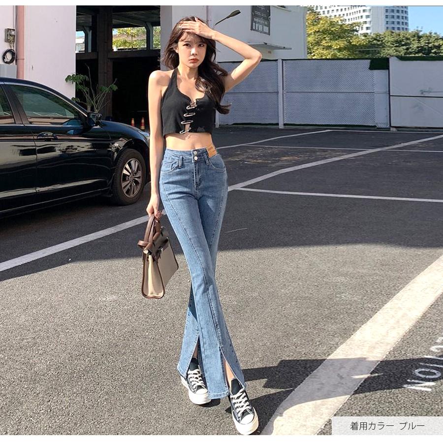 フロントスリット フレアデニム フレアパンツ デニムパンツ ハイウエスト ハイライズ デニム ブラック ライトブルー ブルー S M L XL JOCOSA 9105 |  | 08