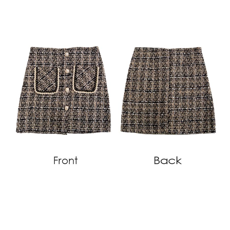 ミニスカート ツイード風 チェック ハイウエスト ポケット パール