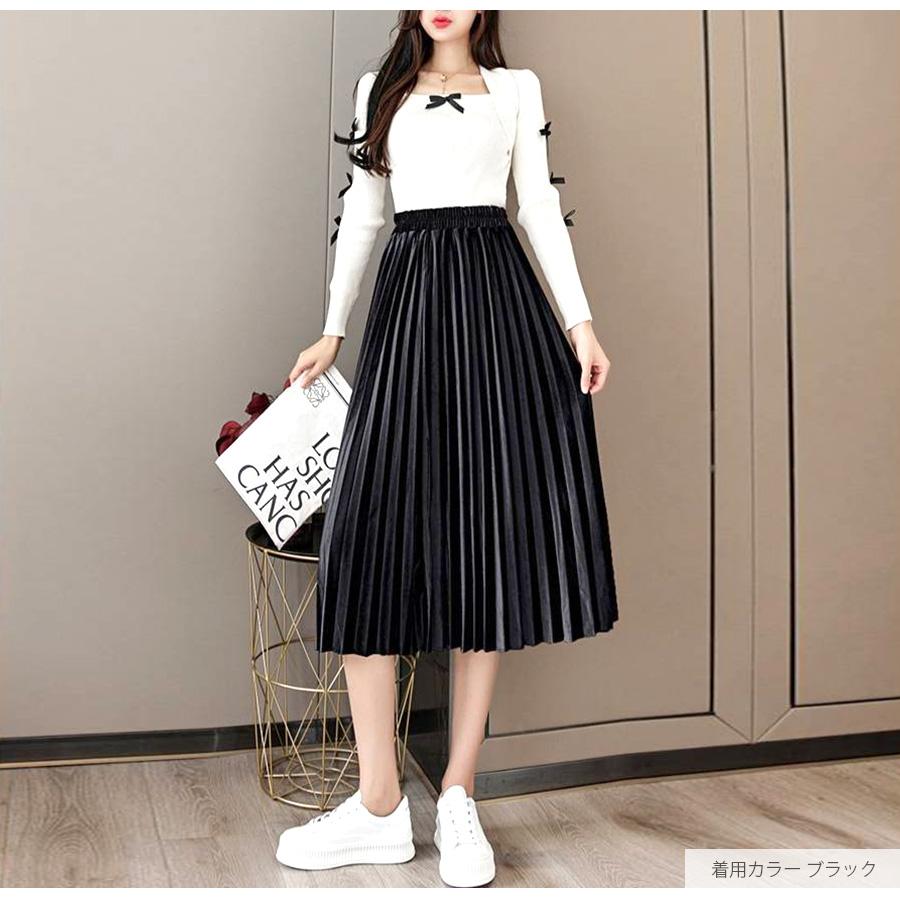 プリーツスカート ベロア ミディ丈 膝下丈 フレアスカート Aライン