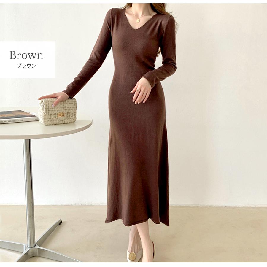 ニット ワンピース 無地 長袖 Vネック フレアワンピース ロング