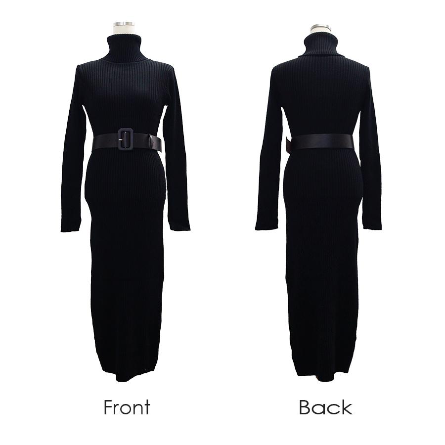 プリーツプリーズ　タートルネック ワンピース カットソー 長袖 ニット ワンピース ベルト付き タートルネック リブ 無地 長袖
