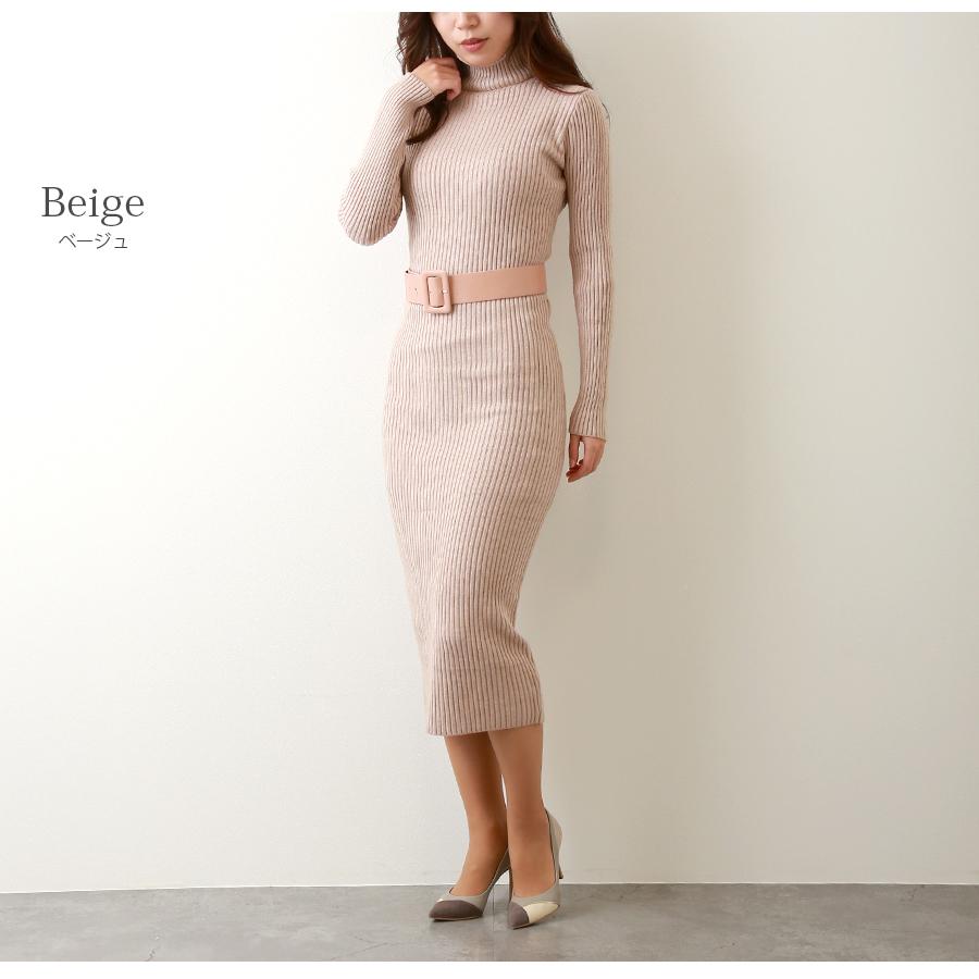 ニット ワンピース ベルト付き タートルネック リブ 無地 長袖