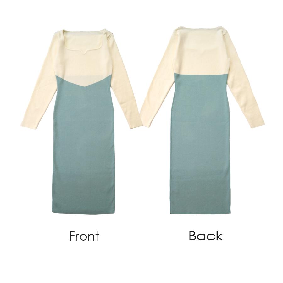 ニットワンピース タイト バイカラー 長袖 ハートシェイプドネック