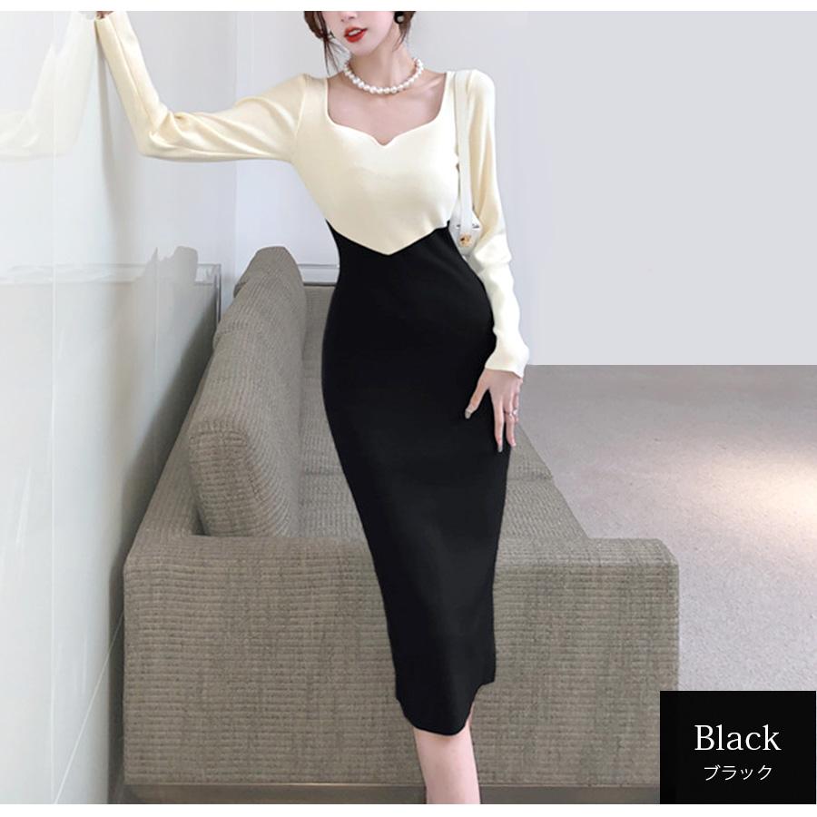 ニットワンピース タイト バイカラー 長袖 ハートシェイプドネック