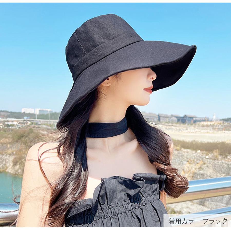 つば広ハット ワイヤー入り 小顔効果 女優帽 日よけ UVケア ブラック