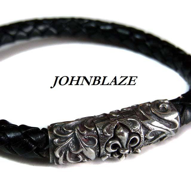 スカルエンブレム シルバー925&レザー製 ブレスレット : JOHNBLAZE