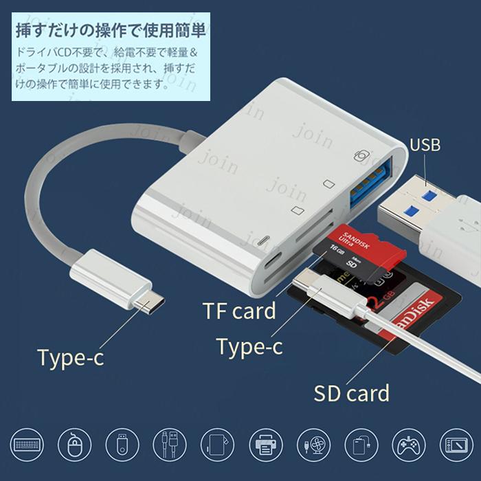 Type-C SD カードリーダー 4in1 日本国内当日発送 USB iPhone iPad mac android 対応 タイプC 高速データ転送 TFカード SDカード 写真 ビデオ 転送 #dk62 |  | 05