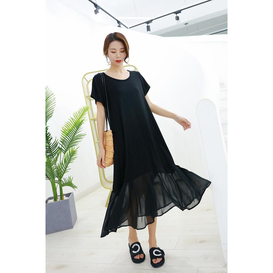 シフォン 素材切替 ゆったり 着られる 2タイプ 2type ロングワンピース マキシ ワンピース 大きいサイズ 無地 シンプル #FW57 |  | 02