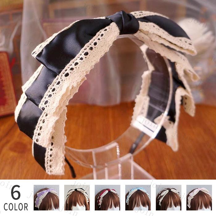 カチューシャ リボン 日本国内当日発送 6color ロリータファッション かわいい ヘアアクセサリー ゴスロリ 髪飾り レディース メイド レース #h58 | 