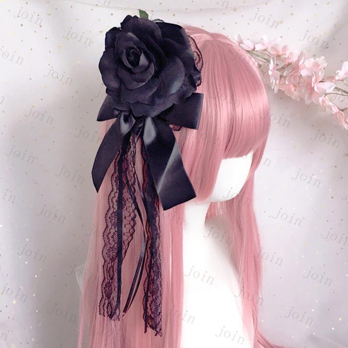 ロリータ 髪飾り 日本国内当日発送 ヘアアクセサリー 薔薇 リボン 暗黒