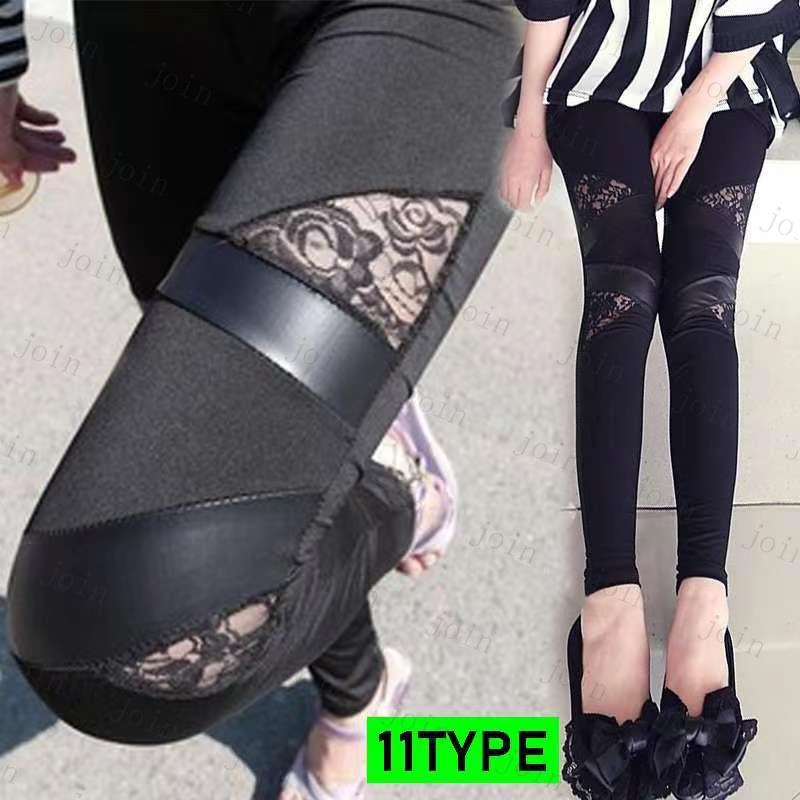 RG66# レギンス レディース スポーツ  ボトムス  レース切替 ストレッチ フリーサイズ 無地 ウエストゴム  美脚 伸縮性 フェイクレザー パンツ  10丈 |  | 25