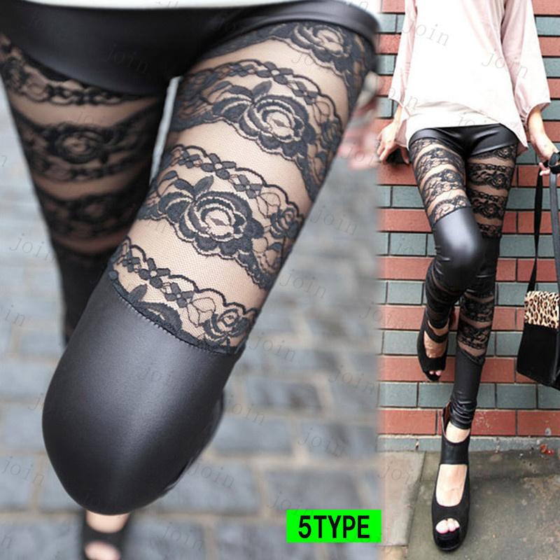 RG66# レギンス レディース スポーツ  ボトムス  レース切替 ストレッチ フリーサイズ 無地 ウエストゴム  美脚 伸縮性 フェイクレザー パンツ  10丈 |  | 19