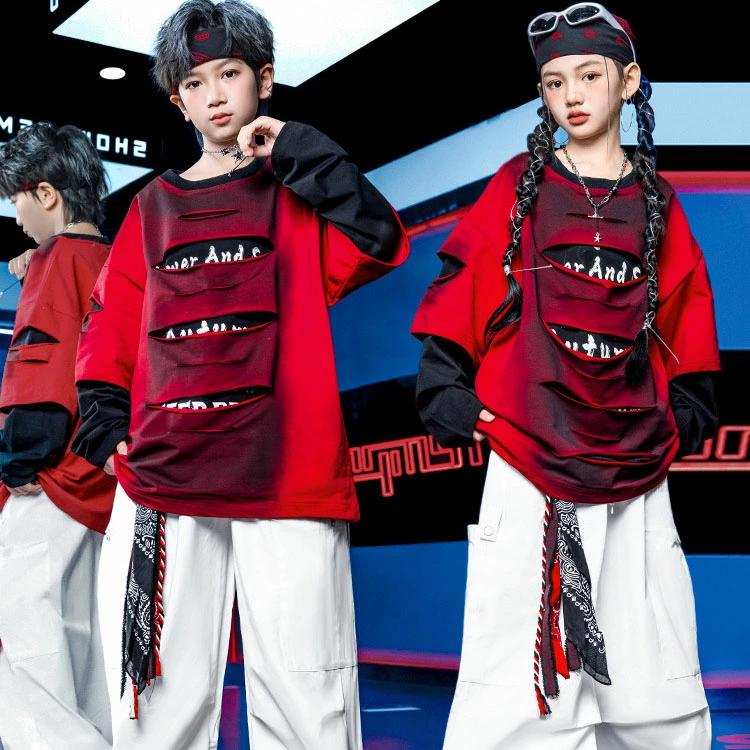 赤黒系 長袖 トップス キッズ ダンス衣装 HIPHOP ヒップホップ