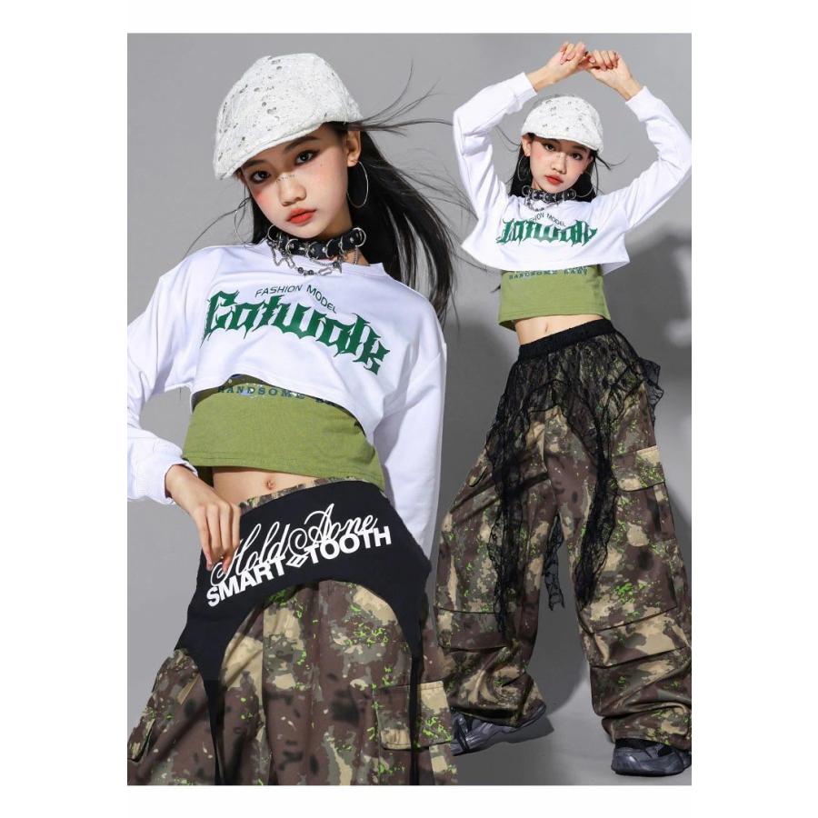 迷彩パンツ キッズダンス衣装 白 緑 トップス ショット丈 トレーナー