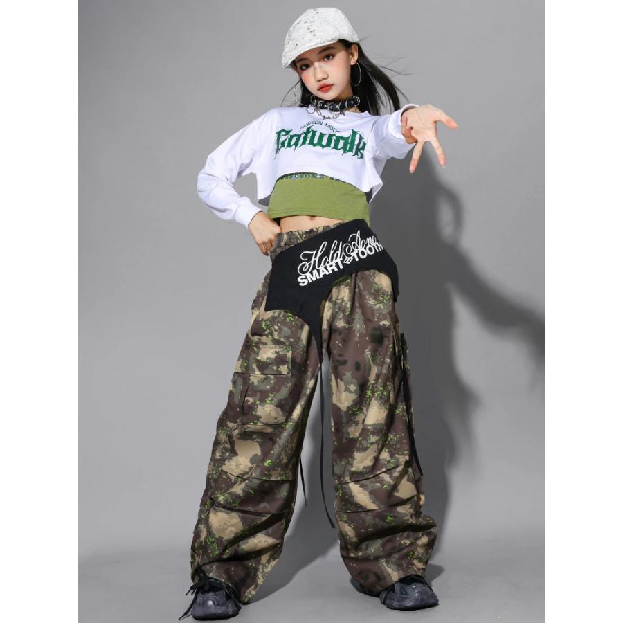 迷彩パンツ キッズダンス衣装 白 緑 トップス ショット丈 トレーナー
