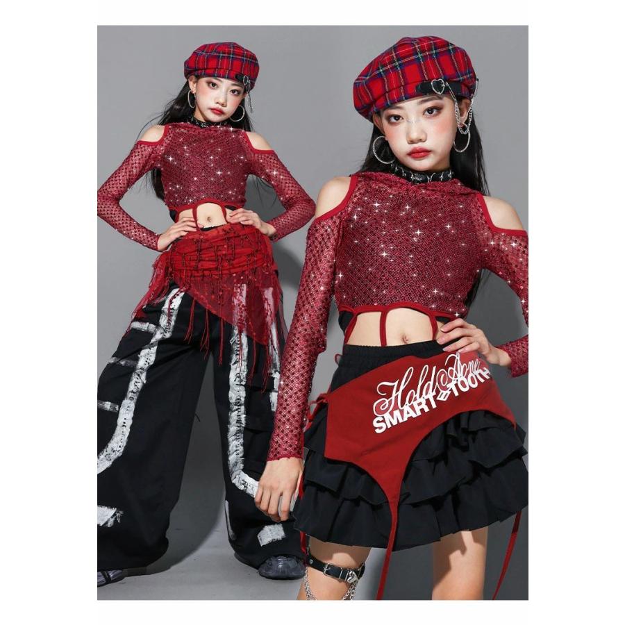 肩あき 肩だし キッズ ダンス 衣装 女の子 スパンコール 赤 黒 フード