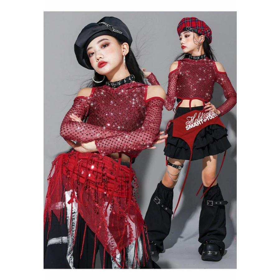 肩あき 肩だし キッズ ダンス 衣装 女の子 スパンコール 赤 黒 フード