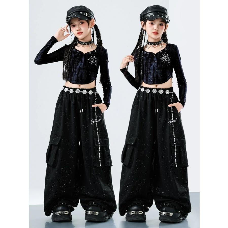 黒 肩出し オフショルダー キッズダンス 衣装 女の子 セットアップ