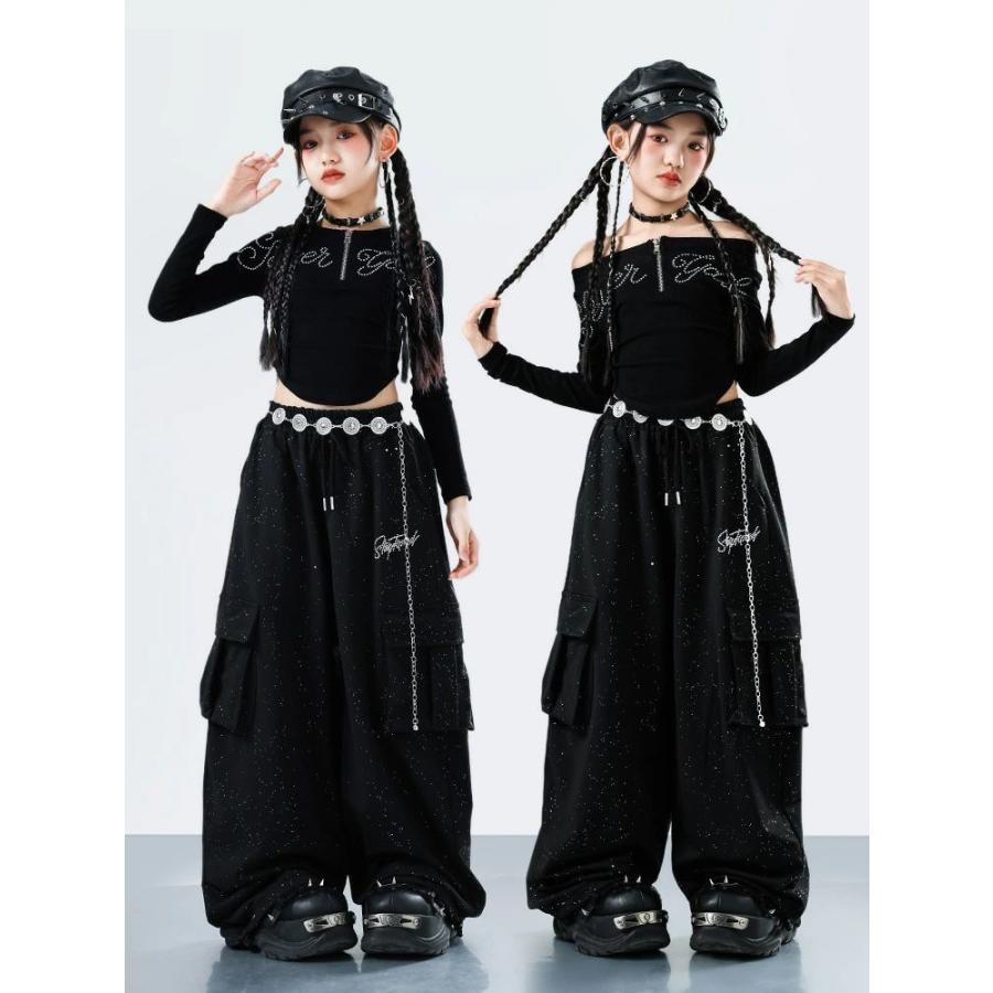 黒 肩出し オフショルダー キッズダンス 衣装 女の子 セットアップ