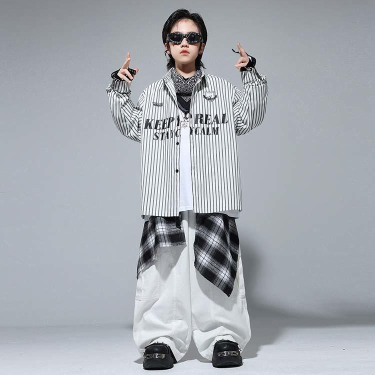 ストライプシャツ 長袖 キッズダンス衣装 白 セットアップ ジャケット