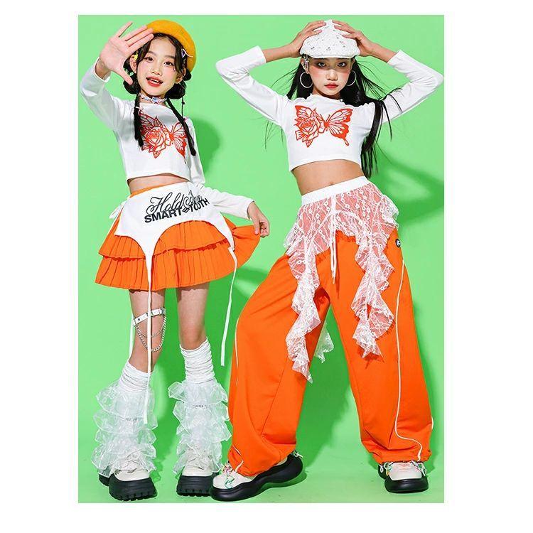 蝶柄 オレンジ系 キラキラ キッズダンス衣装 セットアップ 女の子