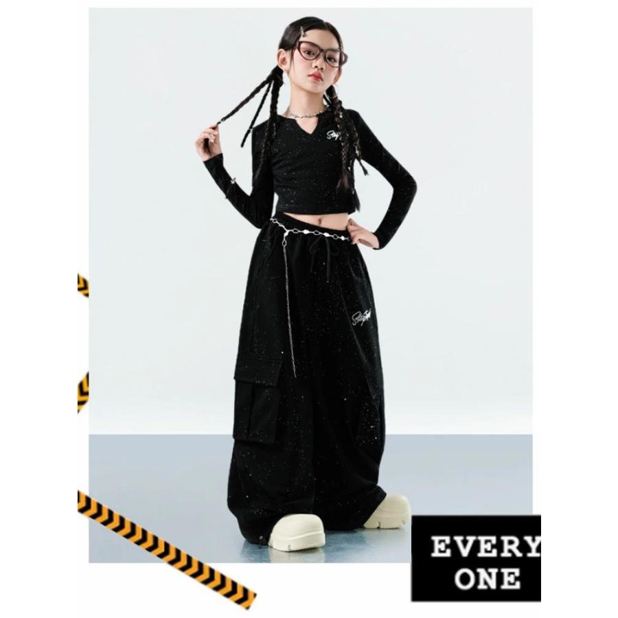 黒 キッズ ダンス衣装 HIPHOP ブラック 長袖 へそ出し 女の子 ショート