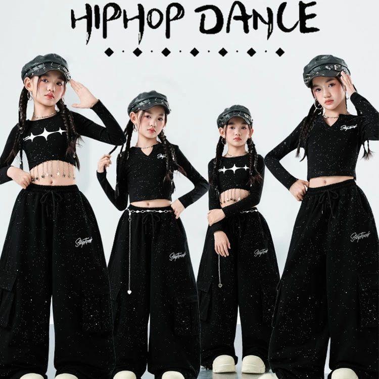 黒 キッズ ダンス衣装 HIPHOP ブラック 長袖 へそ出し 女の子 ショート