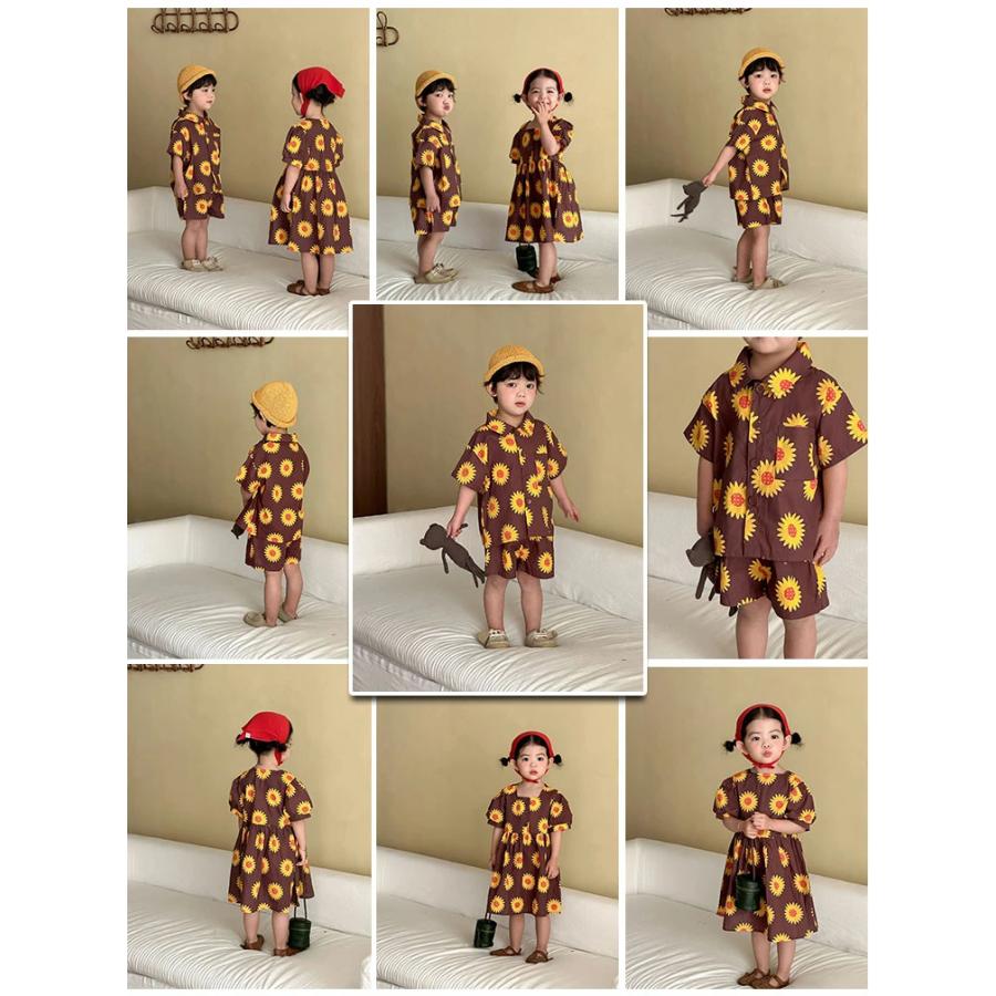 新作 かわいい 花柄 キッズ ひまわり柄 ワンピース 半袖Tシャツ 茶色