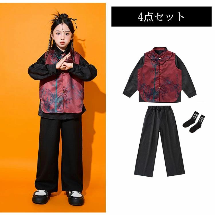 竹 コスプレ 中華風 キッズダンス衣装 セットアップ 水墨柄シャツ