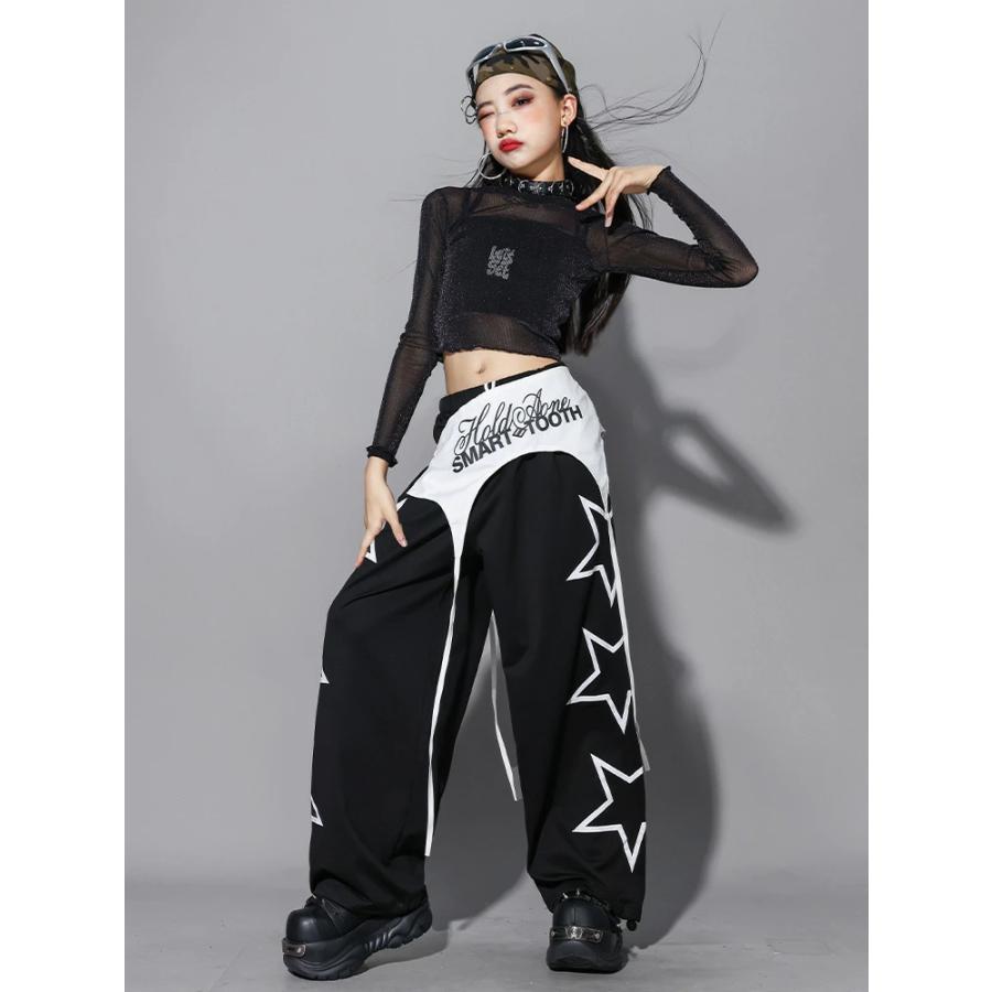 キッズ ダンス 衣装 黒 白 キラキラ 女の子 シースルー ロングパンツ
