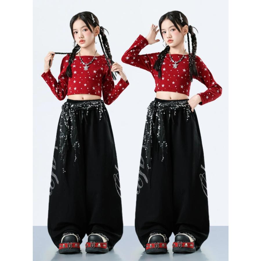 キッズ ダンス 衣装 赤 セットアップ 黒 女の子 星 キラキラ 練習着