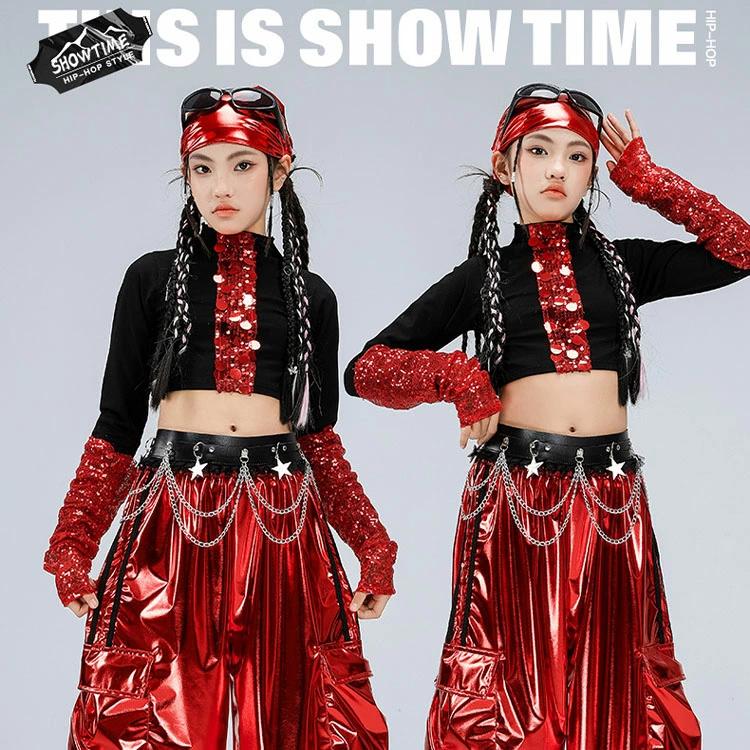 キッズダンス衣装 セットアップ 赤 jazz ダンス トップス へそ出し