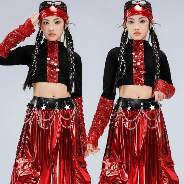 キッズダンス衣装 セットアップ 赤 jazz ダンス トップス へそ出し