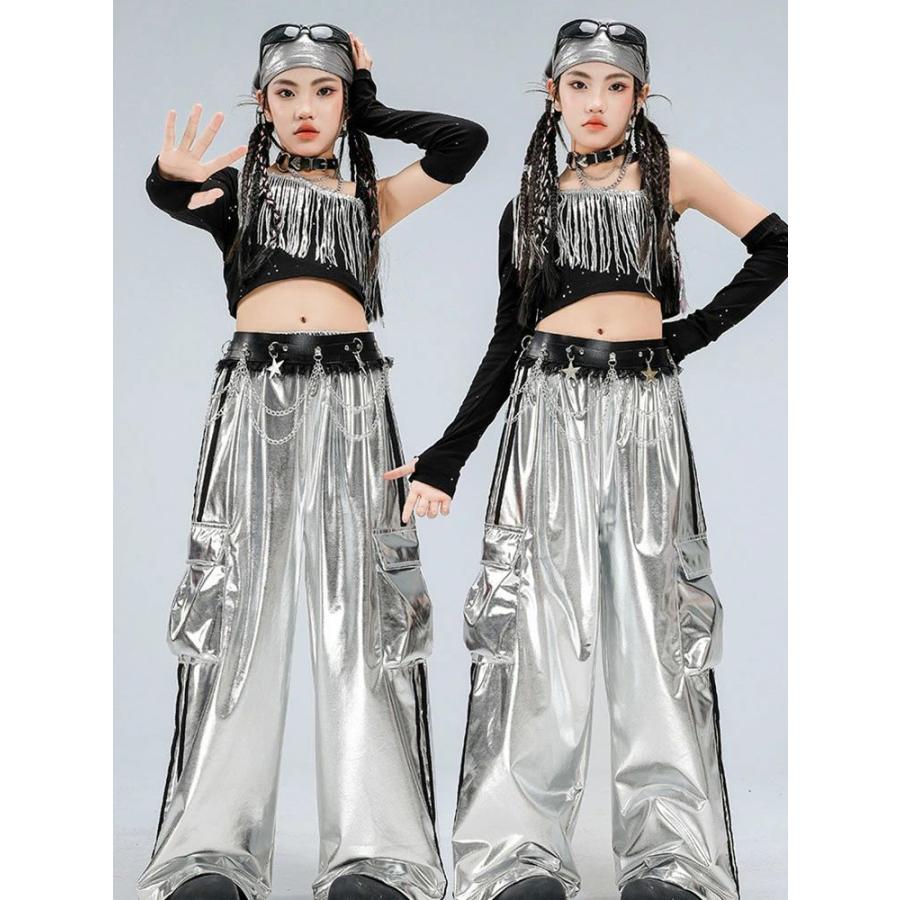 シルバー キッズダンス衣装 女の子 ジャズ セットアップ ダンス 衣装