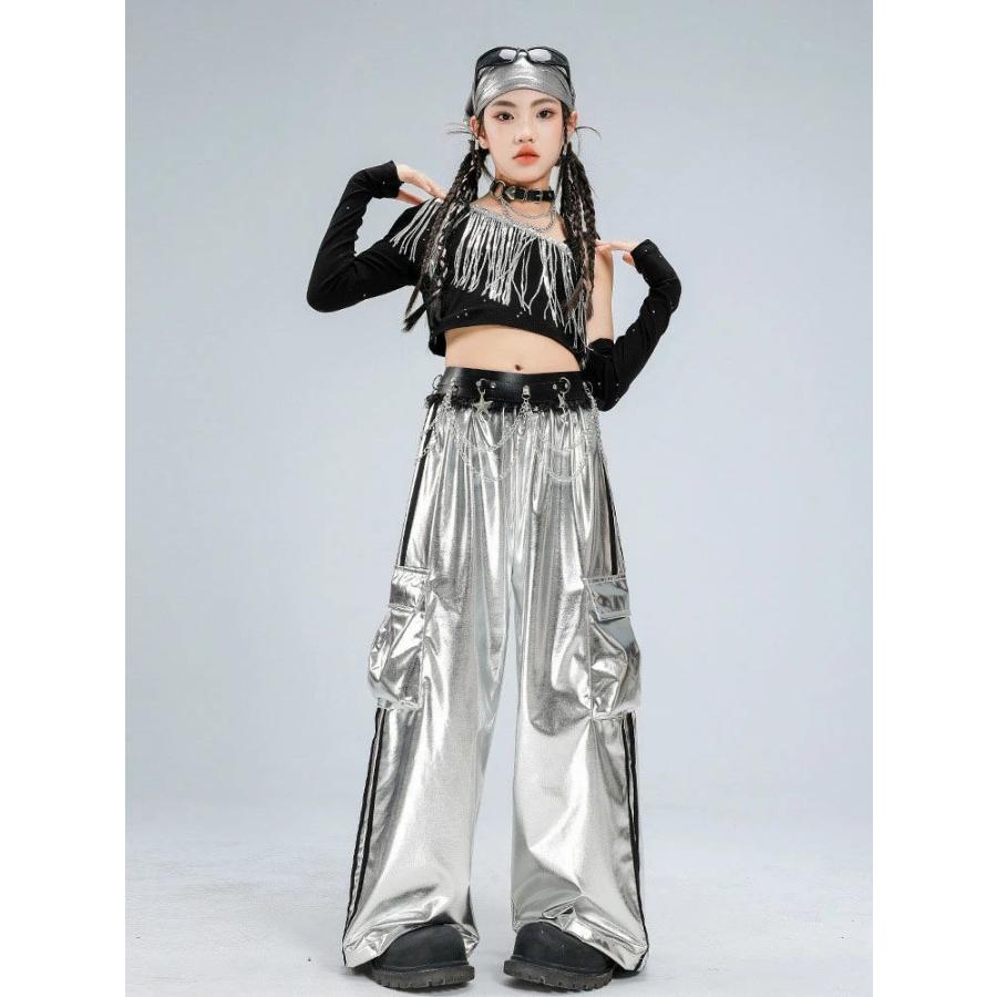 シルバー キッズダンス衣装 女の子 ジャズ セットアップ ダンス 衣装