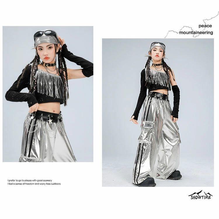 シルバー キッズダンス衣装 女の子 ジャズ セットアップ ダンス 衣装