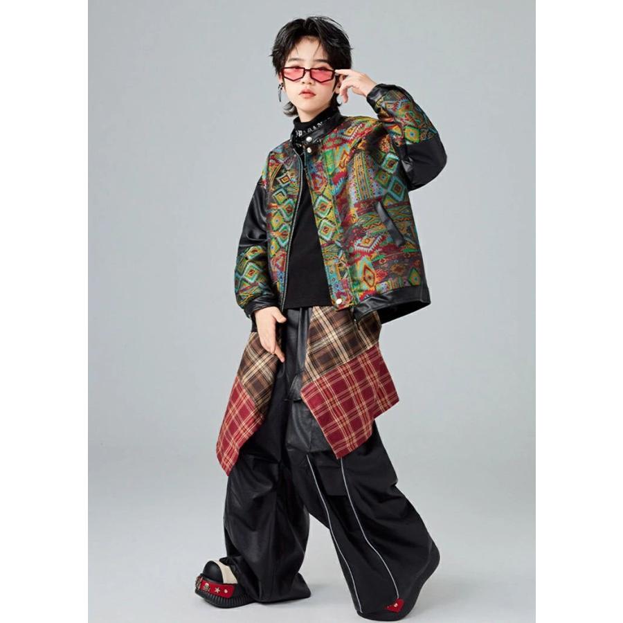 キッズ ダンス衣装 HIPHOP 男女 緑 スタジャン ヘソ出し レザーパンツ