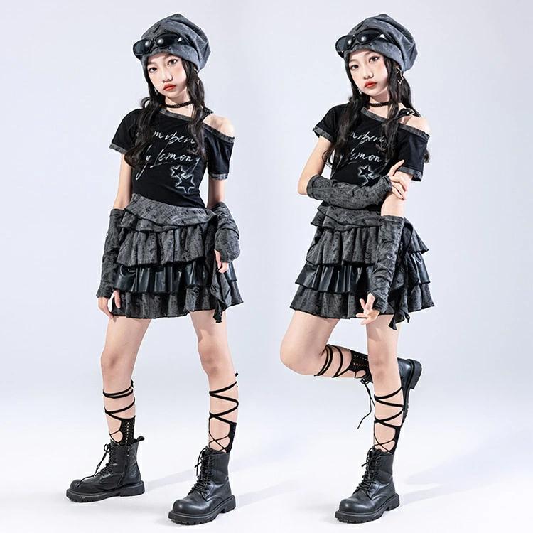 ダンス衣装 黒 Tシャツ 腕カバー スカート パンツ 女の子 k-pop衣装
