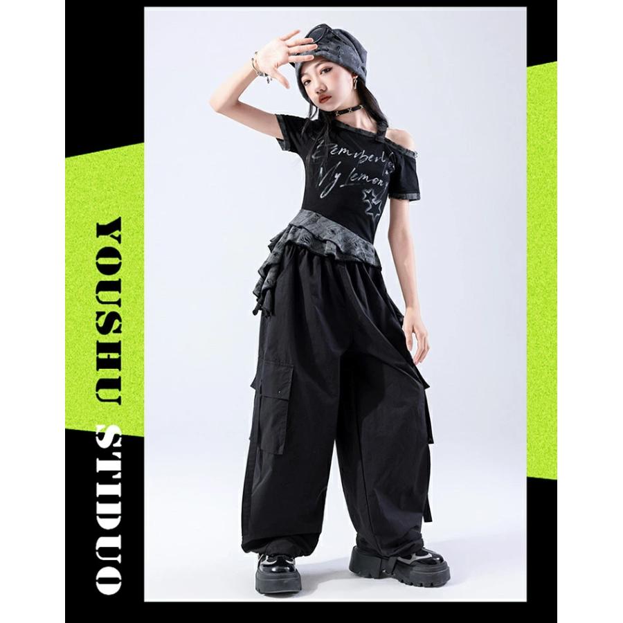 ダンス衣装 黒 Tシャツ 腕カバー スカート パンツ 女の子 k-pop衣装