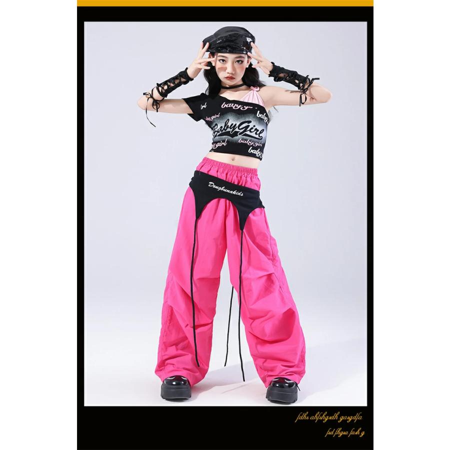 キッズ ダンス 衣装 黒 ピンク バラ レース ダンス衣装 セットアップ