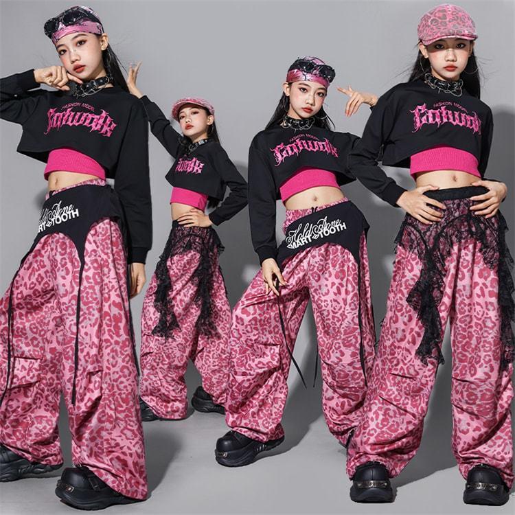 ヒップホップ キッズダンス 練習着 へそ出し 子供服 ヒョウ柄 ズボン