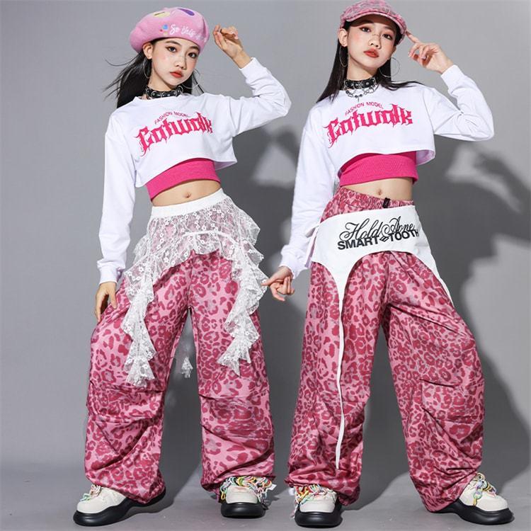 ヒップホップ キッズダンス 練習着 へそ出し 子供服 ヒョウ柄 ズボン